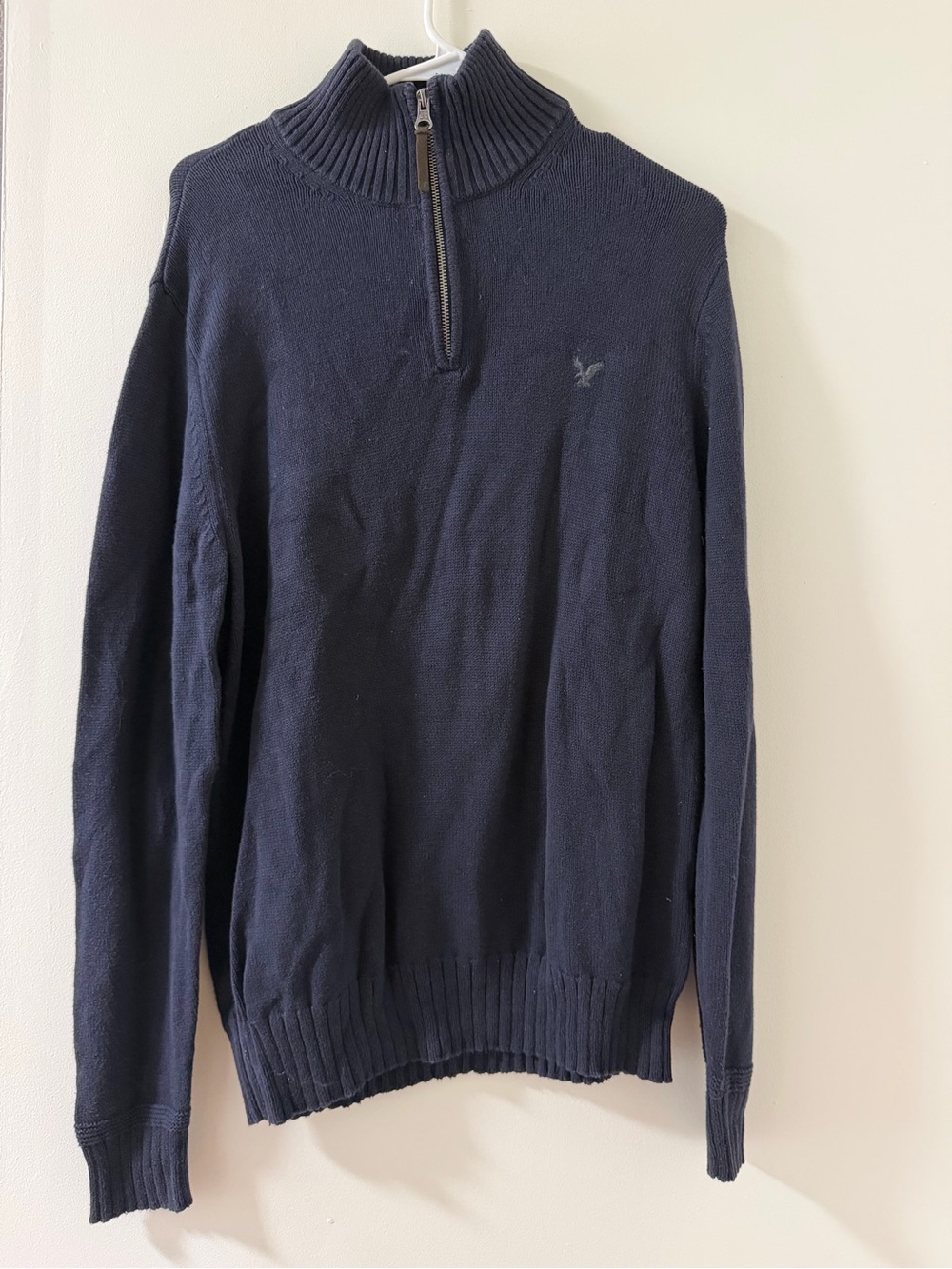 American Eagle Quarter-Zip Sweater Mens M Navy Like New Ribbed Mock Neck Logo